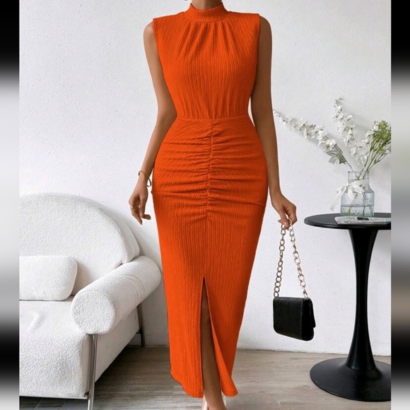 Dresses & Skirts - Stand Collar Pleated Slit Textured Fabric Dress Maxi Women Outfit